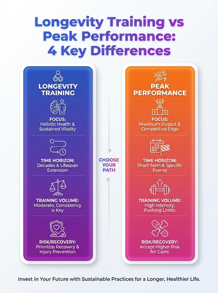Infographic: Longevity Training vs Peak Performance with 4 key differences.