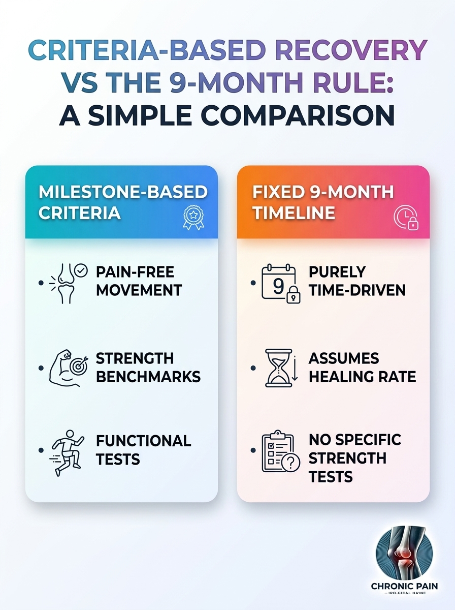 Comparison infographic: Criteria-Based Recovery vs The 9-Month Rule, highlighting differences and guidance.