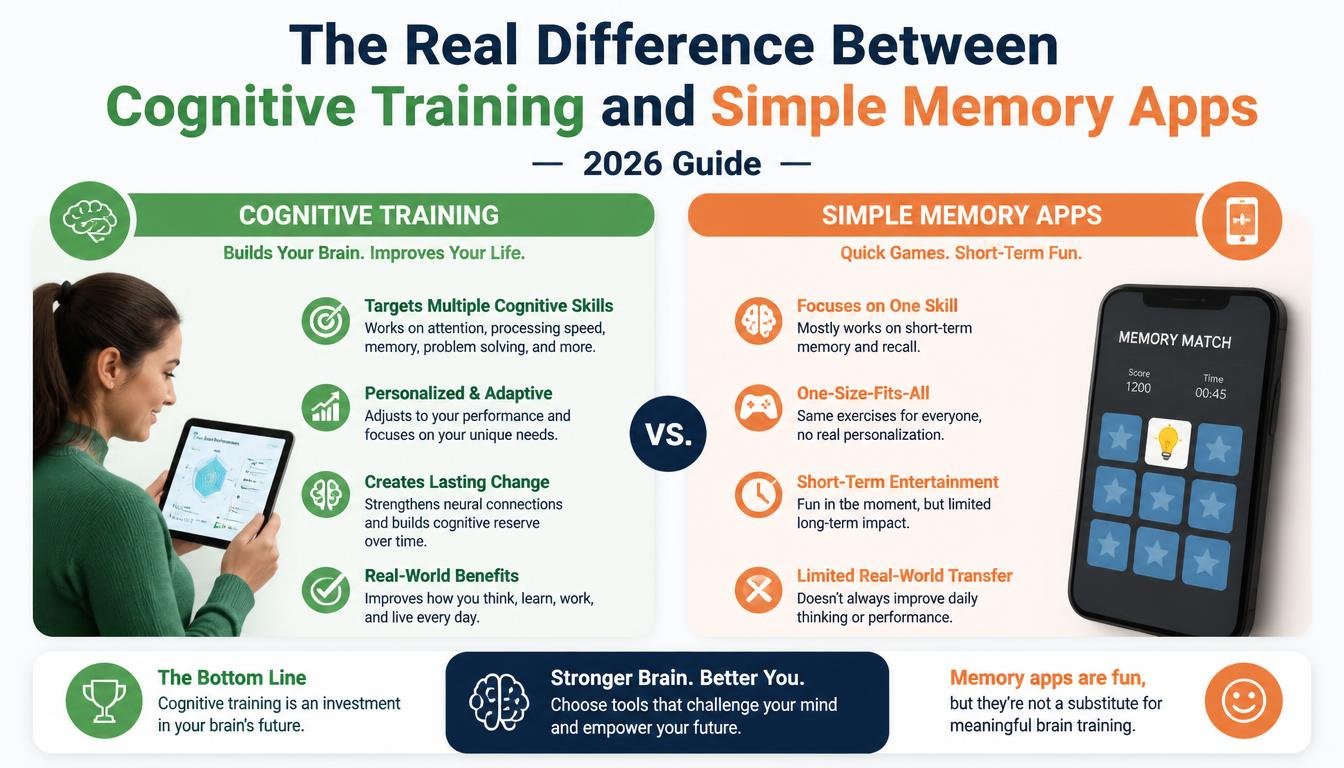 The Real Difference Between Cognitive Training and Simple Memory Apps (2026 Guide)