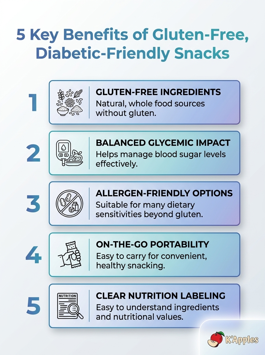 Infographie soulignant 5 avantages des snacks sans gluten et adaptés aux diabétiques pour gérer la glycémie et les envies.