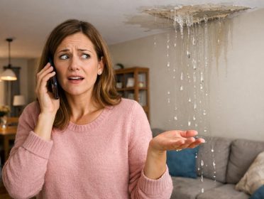 Woman On Phone W Leaky Ceiling