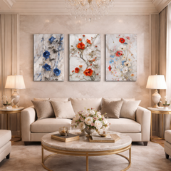 Marble Botanical Garden acrylic glass triptych wall art sized above a bedroom wall