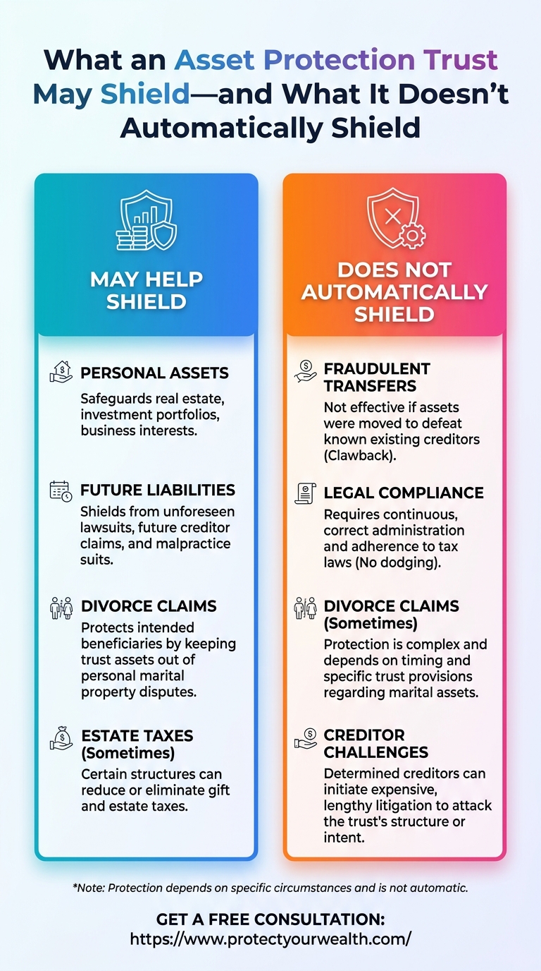 Infographic showing what asset protection trusts may shield and what they don’t automatically protect.