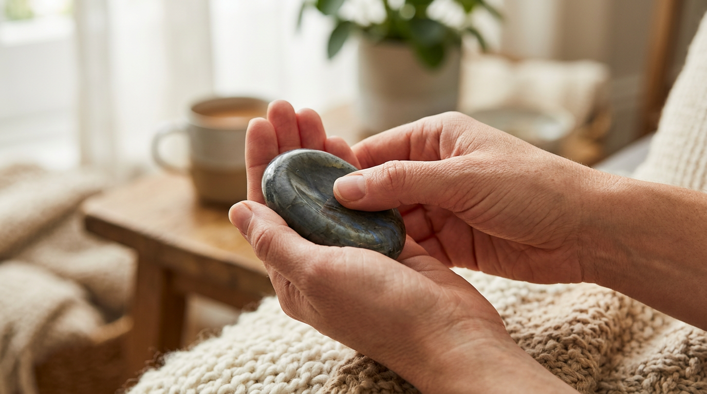 Two polished green jade worry stones held in a palm