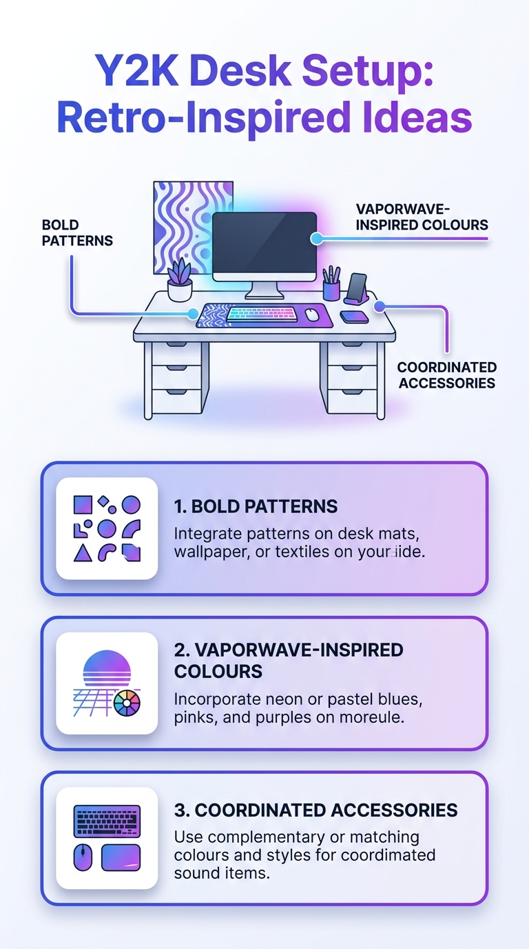 Infographic of Y2K desk setup ideas with retro-inspired decor and accessories