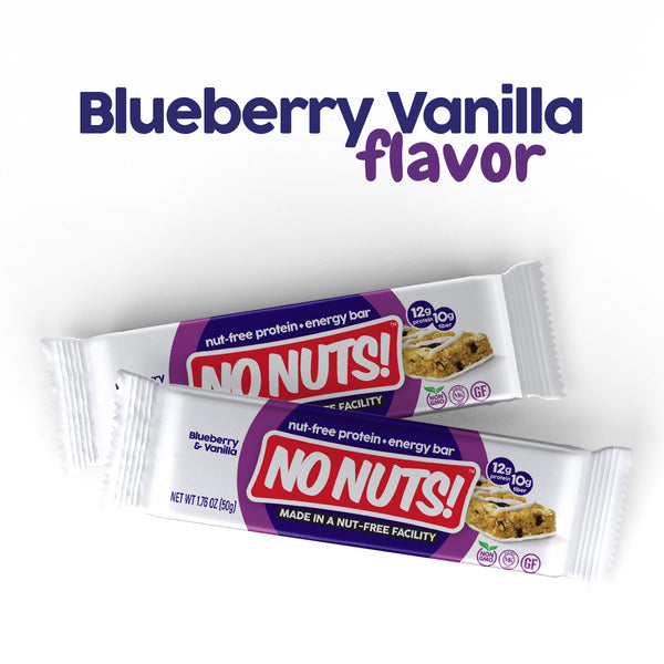 Blueberry Vanilla nut-free oat bars, two bars on white background