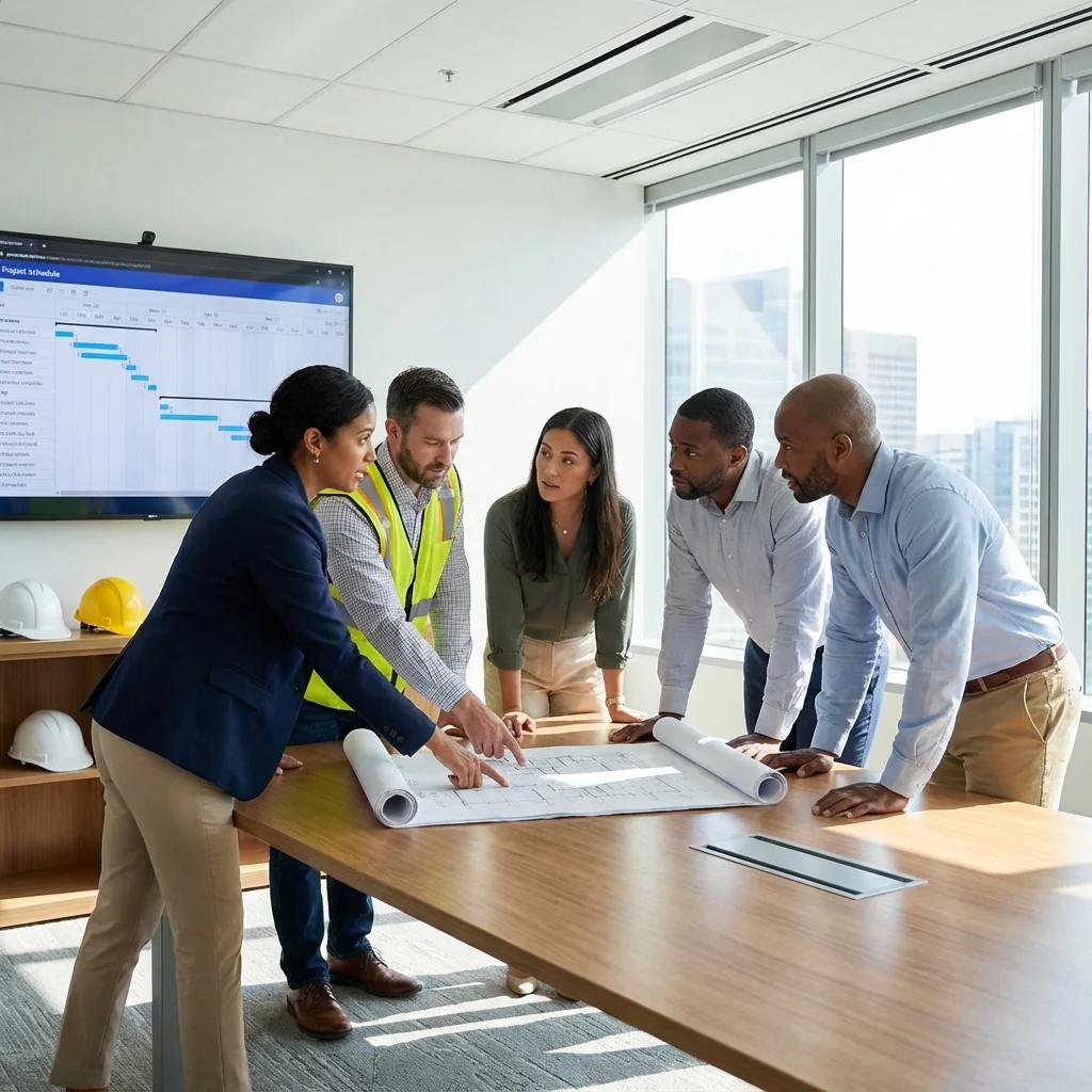 Professional estimating team collaborating on quantity takeoff review