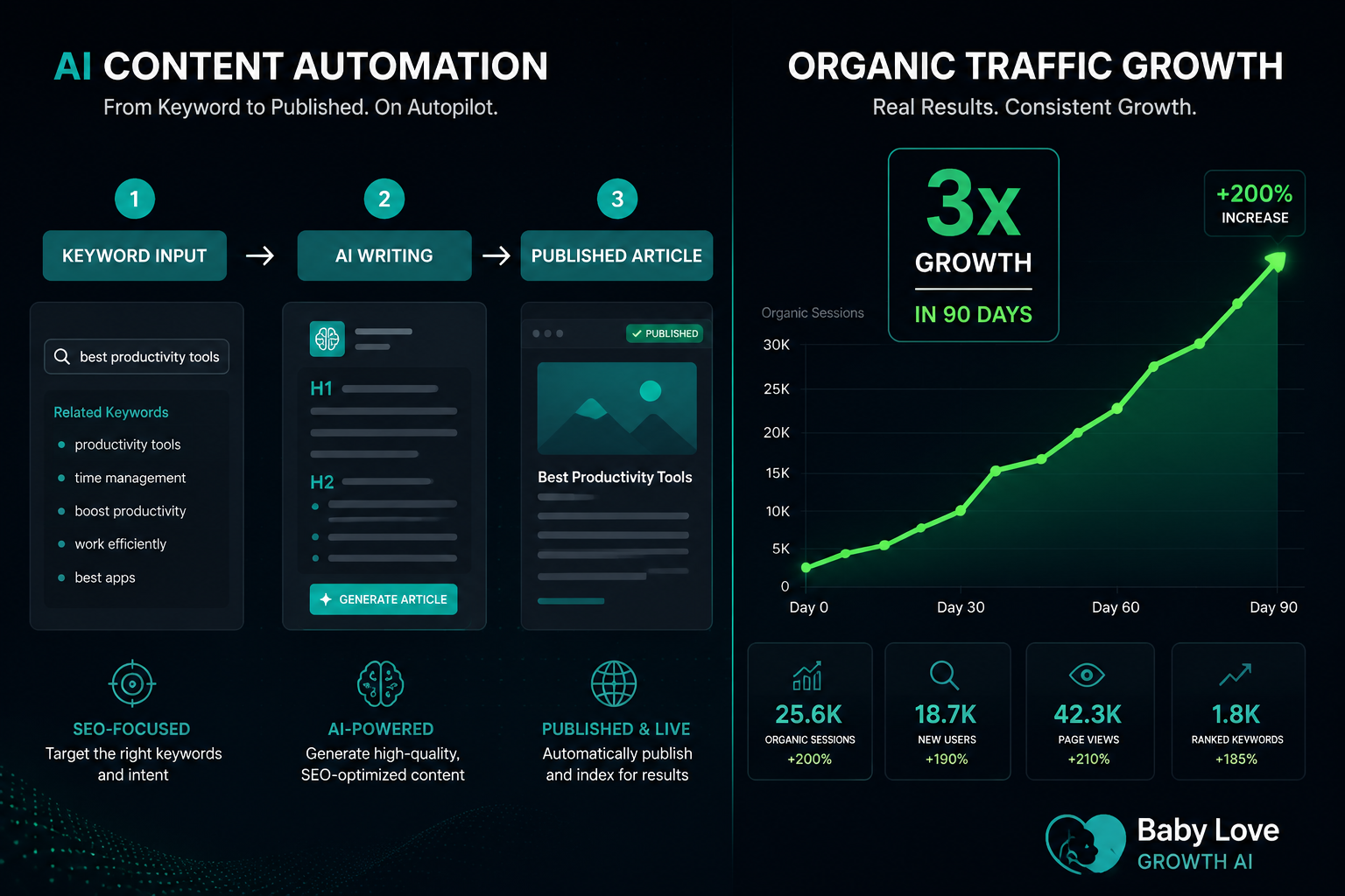Baby Love Growth AI content automation and organic traffic chart