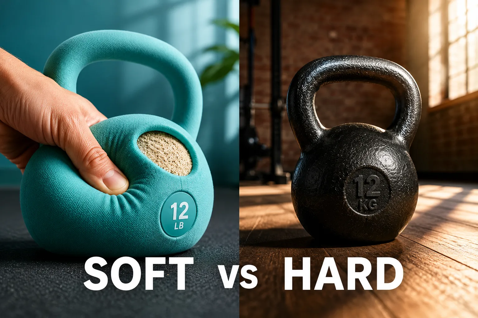 Soft kettlebell dumbbell shell being compressed by hand