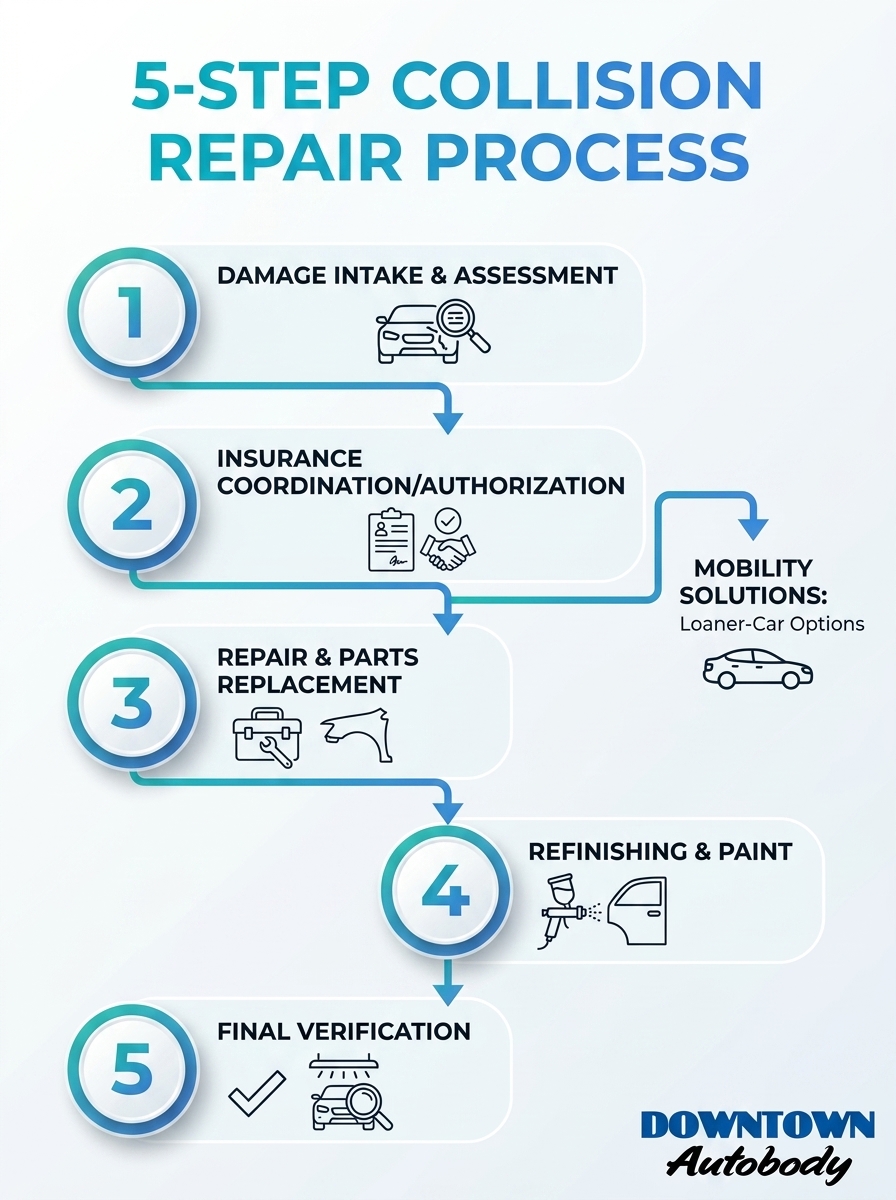 Infographic showing the 5-step collision repair process for the ultimate guide to navigating major collision repair processes.