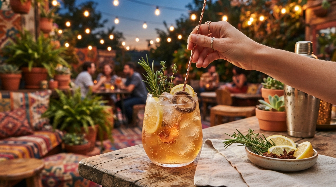 A chilled mushroom mocktail with citrus, herbs, and ice is stirred in a clear glass on a colorful outdoor patio at dusk.