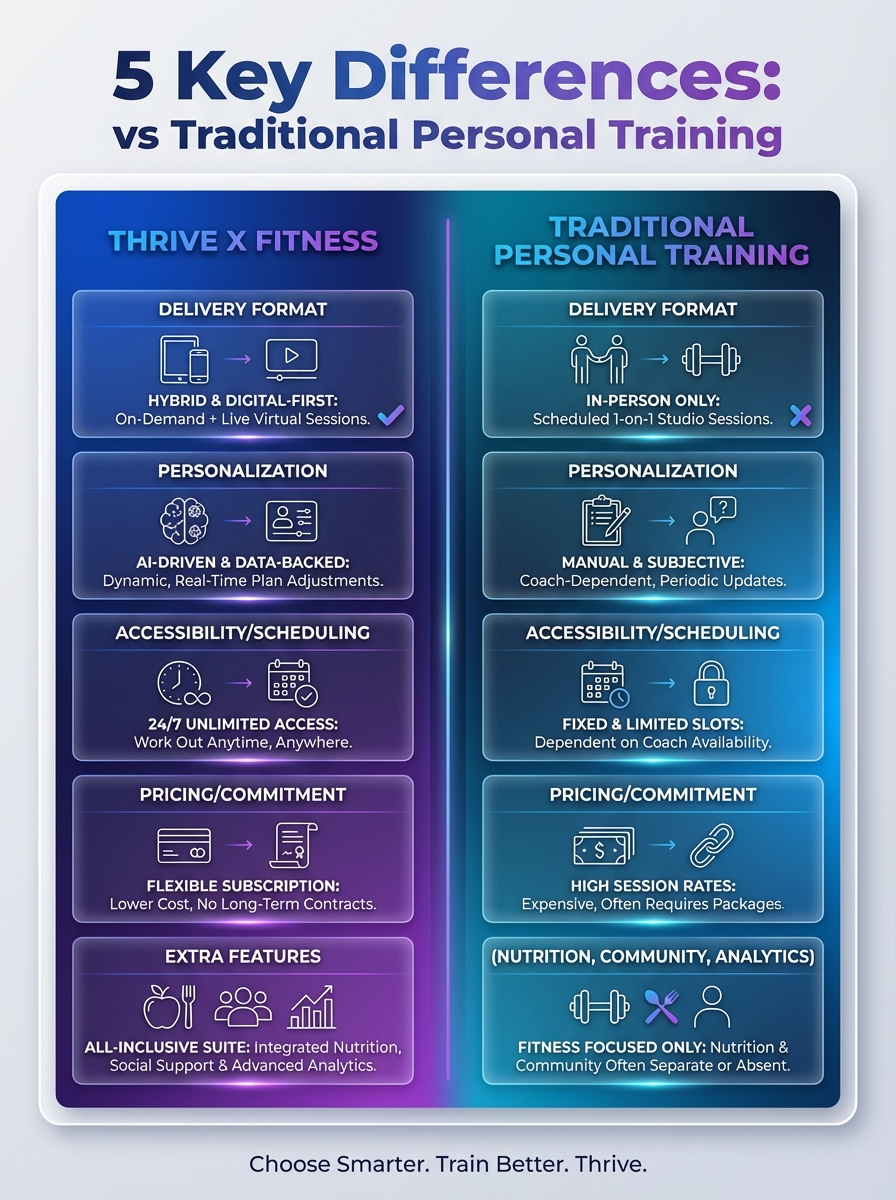 Infographic: Thrive X Fitness vs Traditional Personal Training Comparison—5 key differences in programs and pricing.