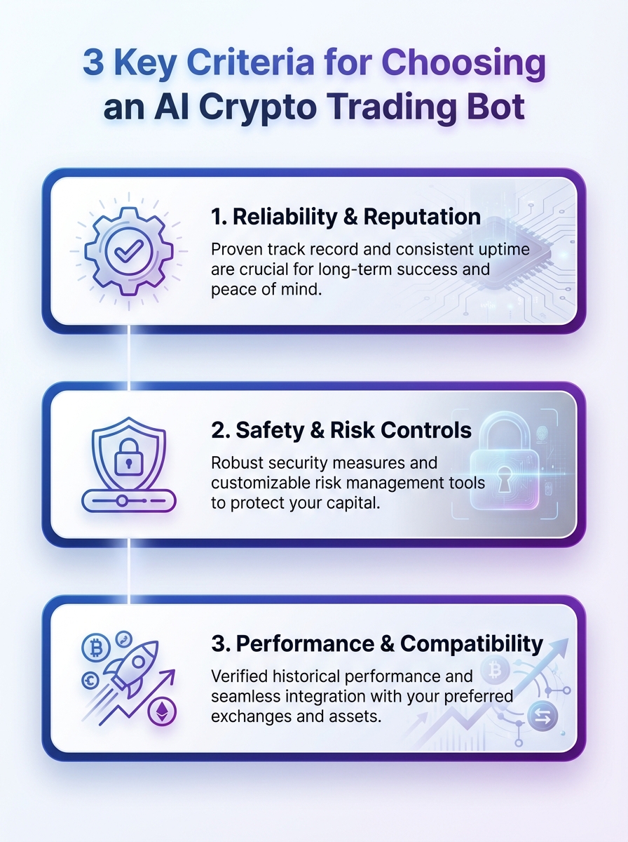 3 key criteria for how to choose an AI trading bot for crypto: performance, safety, and transparency.