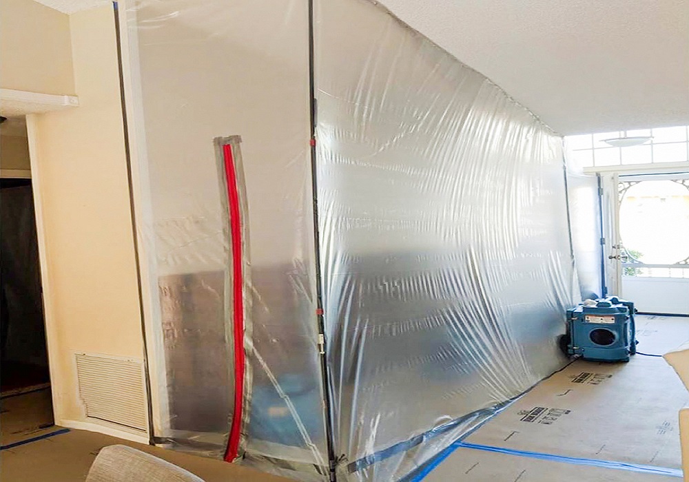 Mold remediation containment area in a residential Tampa Bay home