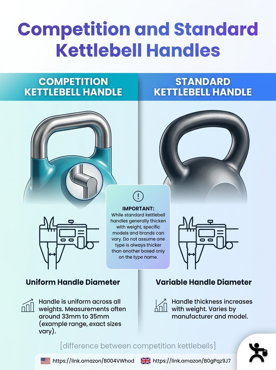 Infographic comparing competition and standard kettlebell handle diameters and shapes.