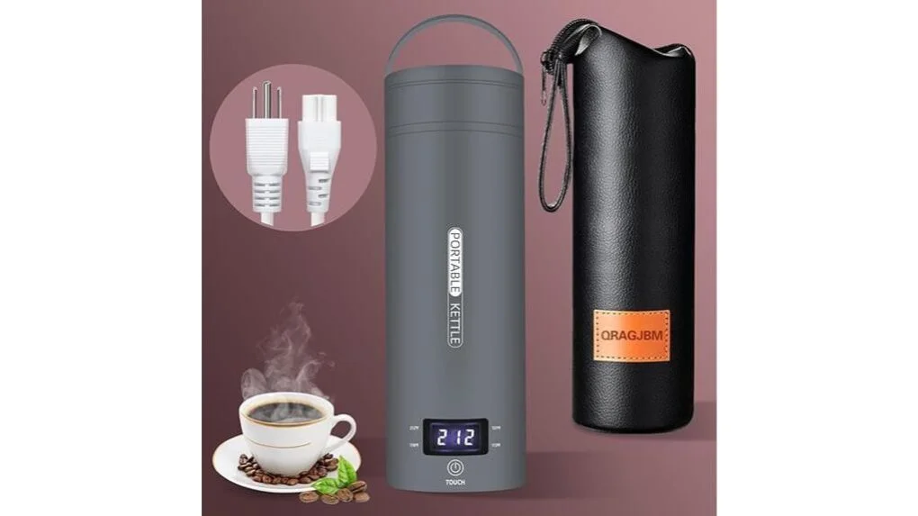 Grey portable kettle beside a carrying case and travel accessories