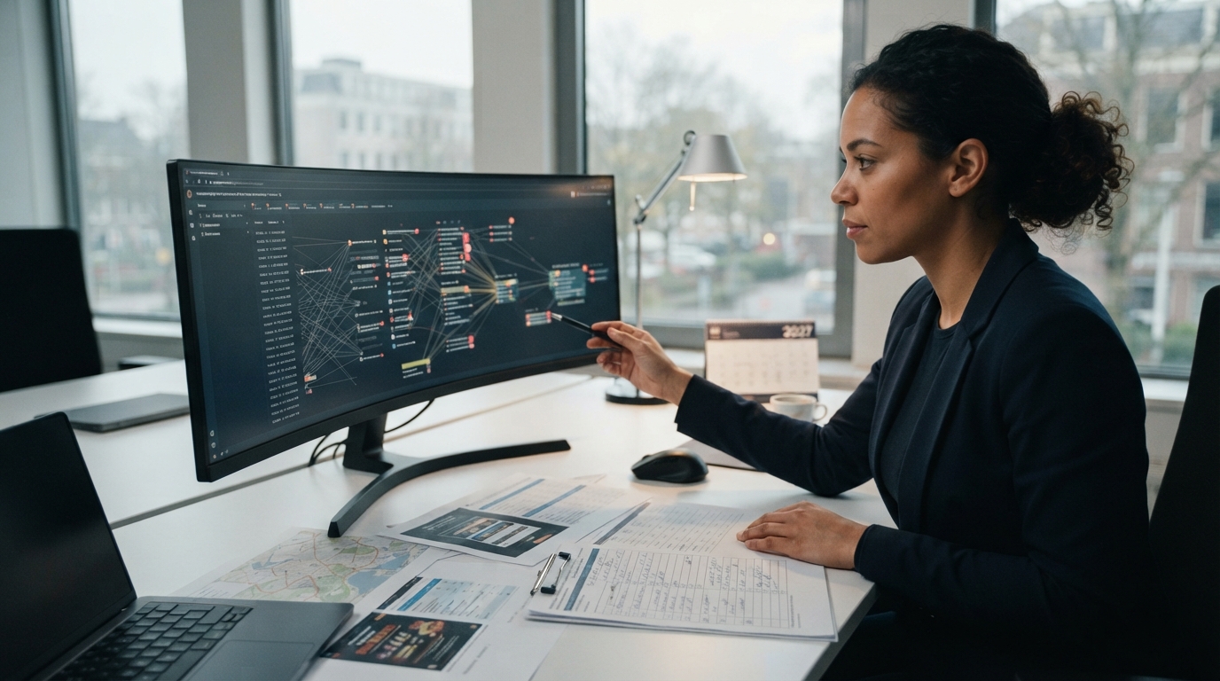 A Dutch advertising investigator studies repeated gambling promotions on a wide monitor, with printed evidence sheets and a