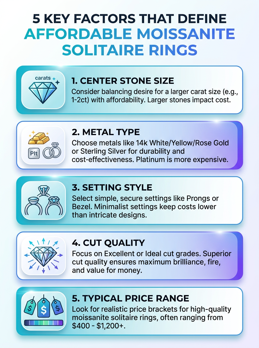 Infographic showing 5 key factors that define affordable moissanite solitaire rings for modern weddings.