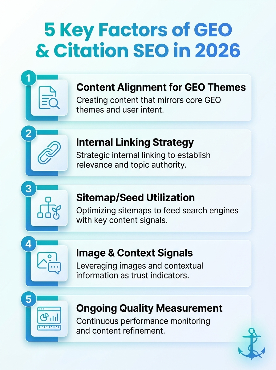Infographic showing 5 key factors of Generative Engine Optimization (GEO) and Citation SEO in 2026