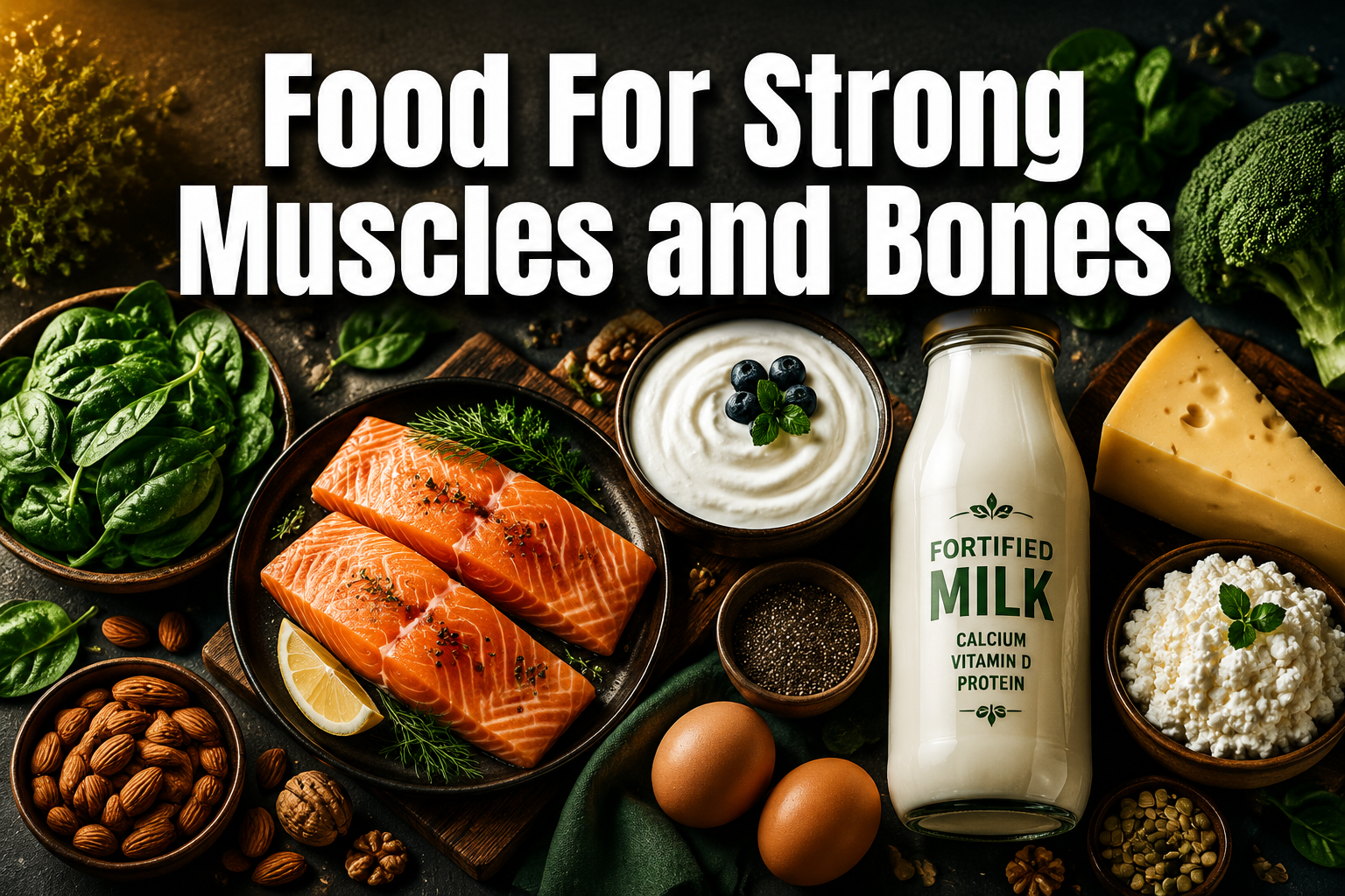 Salmon, leafy greens, eggs, nuts, dairy, and cheese