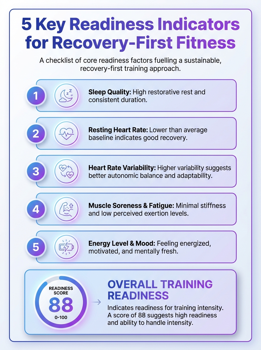Infographic: 5 key readiness indicators for Recovery-First Fitness, The Readiness Metric.