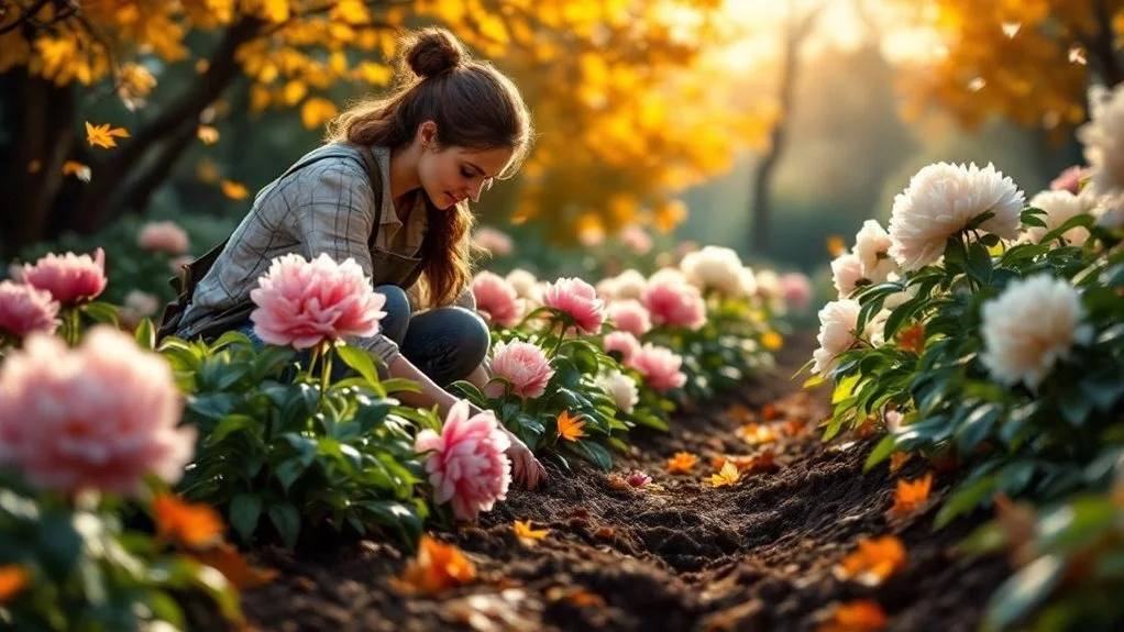 A woman tends pink and white peonies in a garden, working soil amid autumn foliage.