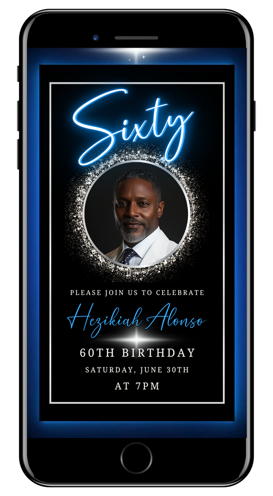 Blue and Silver 60th Birthday Video Invitation with oval photo frame for men