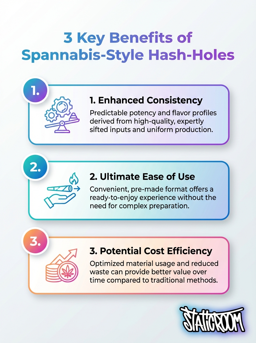 Infographic showing 3 key benefits of Spanish Spannabis-style hash-holes, highlighting Spannabis, hash-holes, benefits.