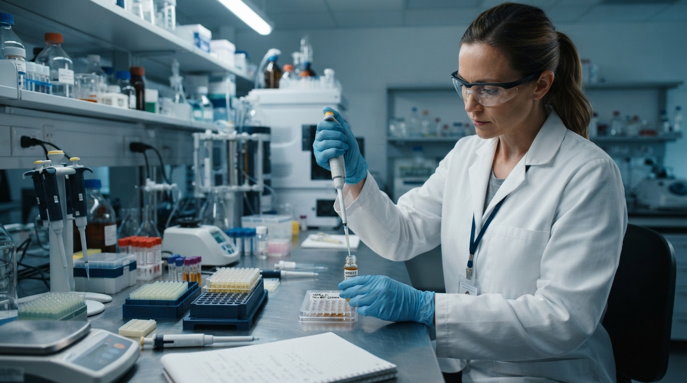 A gloved technician uses a pipette beside a small sample vial and testing equipment in a cool-lit analytical laboratory.