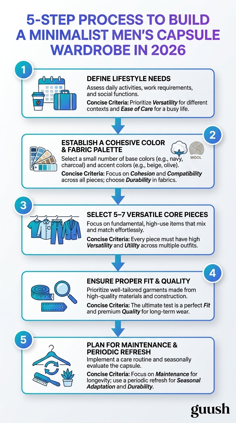 Infographic: 5-step process to build a minimalist menswear capsule wardrobe in 2026—essentials and color palette.