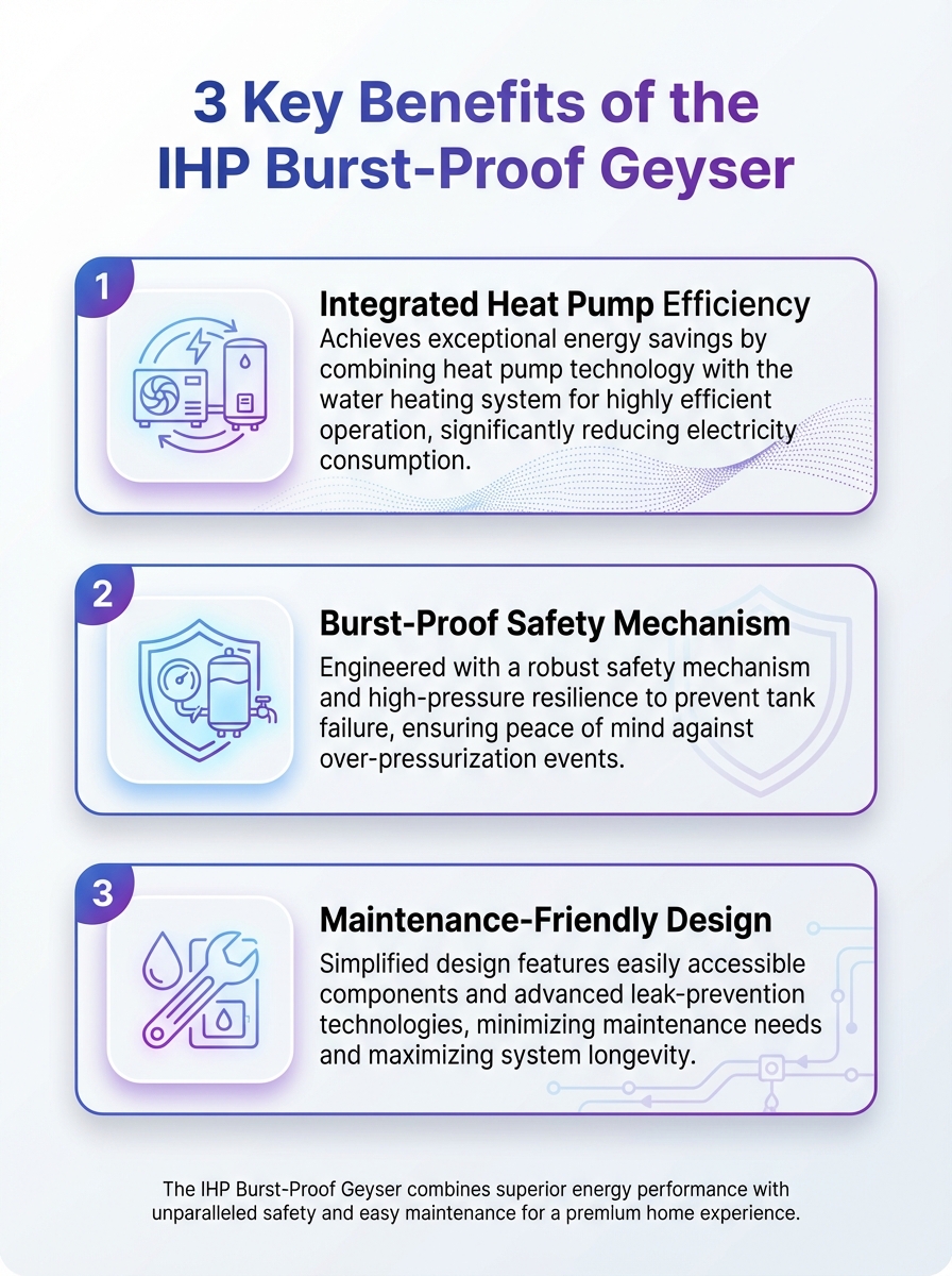 Three key benefits of the IHP Burst-Proof Geyser: energy efficiency, reliability, and rapid heating.