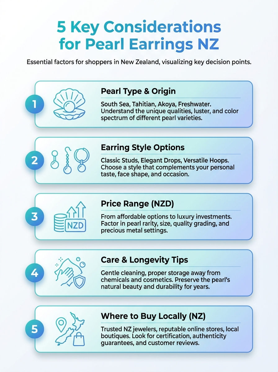 Infographic: 5 key considerations for Pearl Earrings NZ, covering pearl type, quality, size, setting, and care.