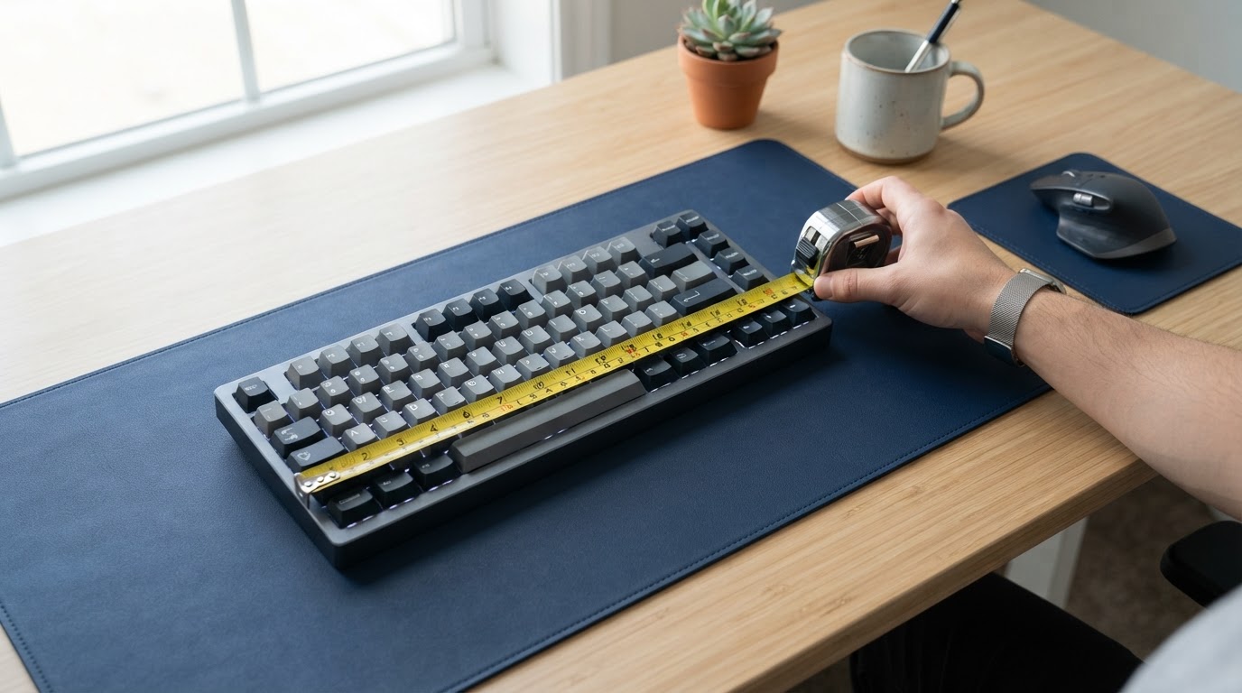 A tape measure checks whether a keyboard fits on a blue desk mat, viewed from above on a bright, uncluttered home desk.