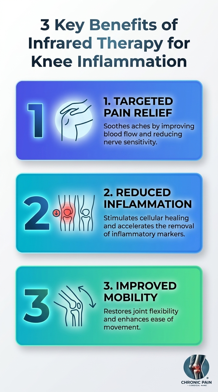 Infographic: Infrared biohacking for knee inflammation — 3 key benefits of infrared therapy.