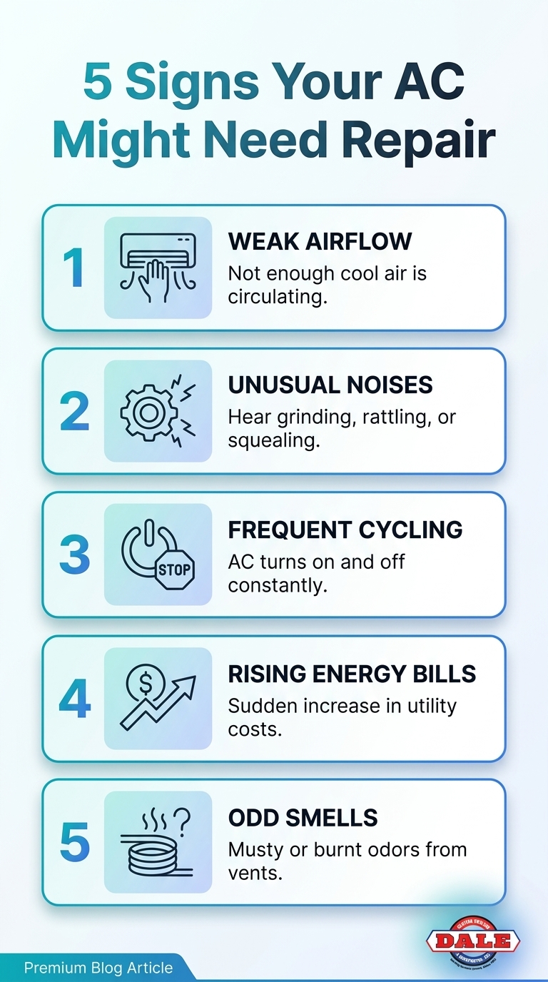 5 signs your AC might need repair: unusual noises, smells, hot spots, high energy bills, frequent cycling.