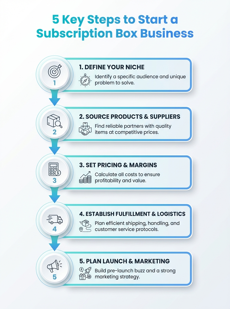 Infographic outlining 5 key steps to starting your own subscription box commerce company.
