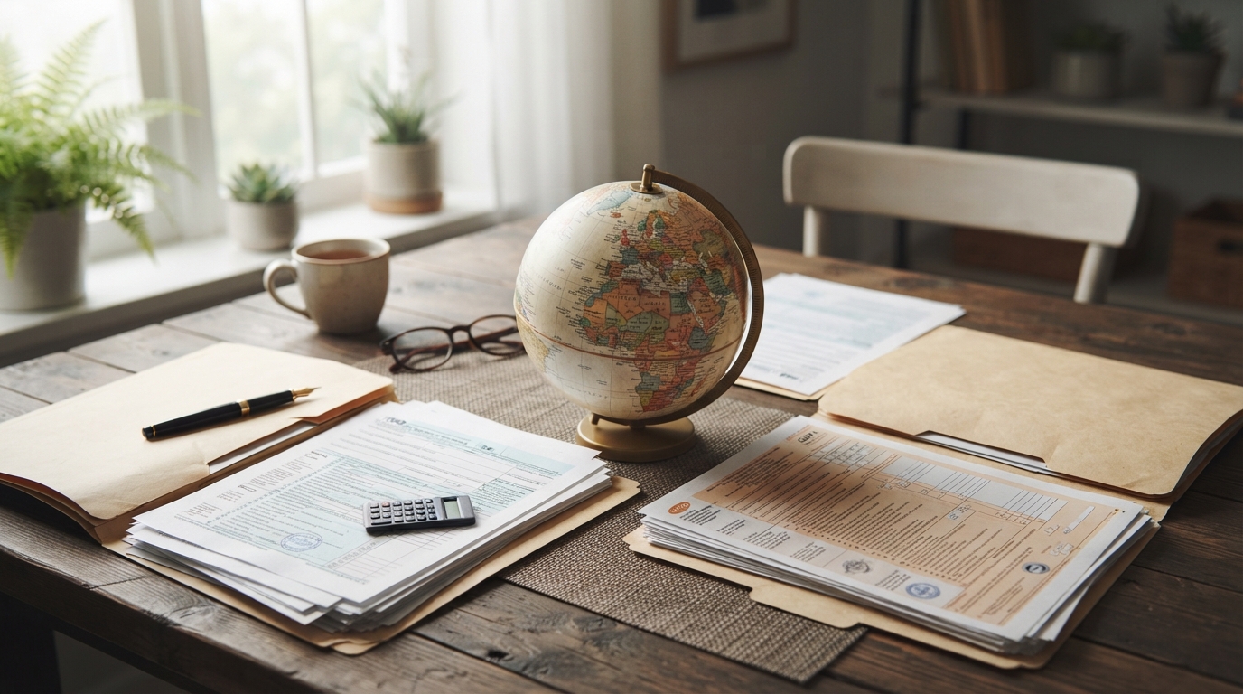 A small globe sits between two open folders of foreign tax documents on a quiet home dining table in soft morning light.