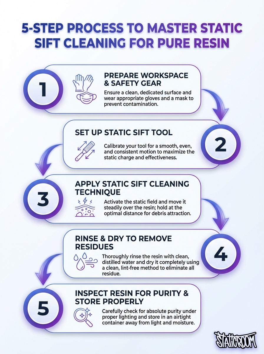 Infographic: How to Master Static Sift Cleaning for Pure Resin - 5-step process with tips.