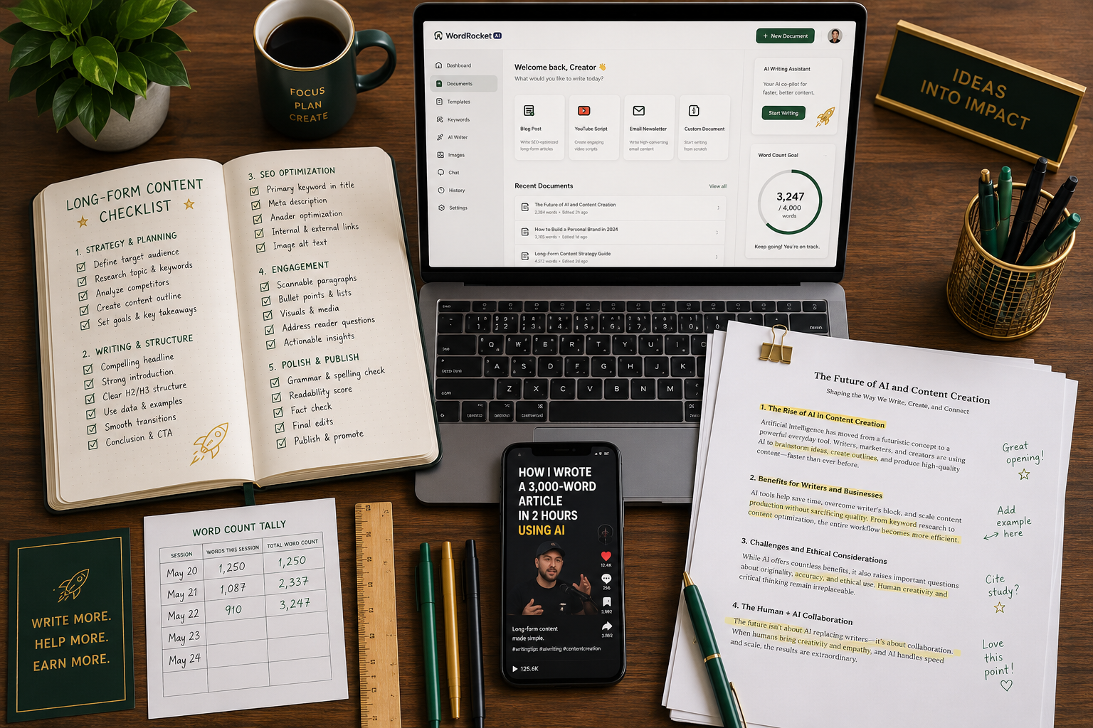 Image 3: Detailed landscape format (1536x1024) showing a flat-lay overhead shot of a wooden desk with an open notebook containing a long-form content checklist, a laptop displaying the WordRocket AI writing tool interface, a smartphone showing a TikTok long-form video, and printed pages of a long-form article with highlighted sections and margin notes. Props include a ruler, colored pens, and a word count tally sheet. Color scheme: warm wood tones, white paper, green and gold accents. Clean, organized, editorial quality.