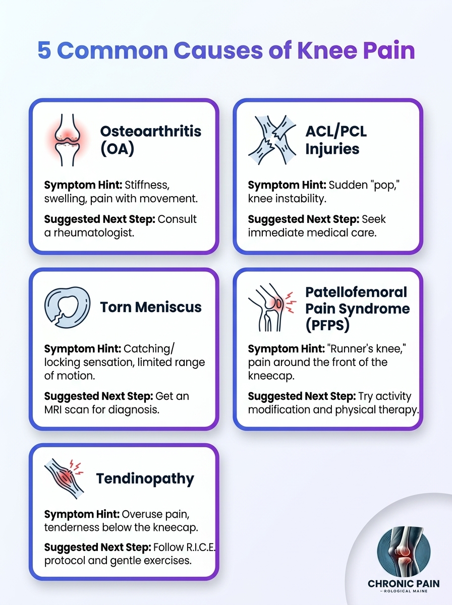 Infographic of 5 common knee pain causes with symptoms and prevention tips