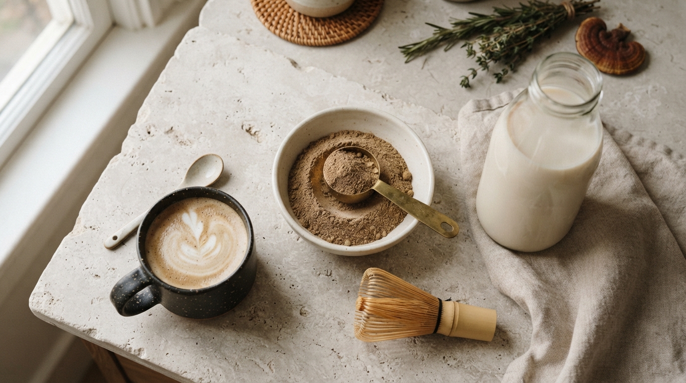 An overhead view of latte powder, a measuring scoop, oat milk, and a whisk arranged on a pale stone surface in soft morning