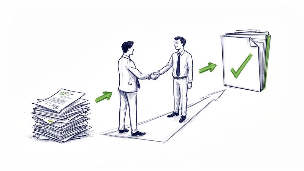 A sketch illustrating the process of document approval and a business agreement with a handshake, leading to final approved documents.