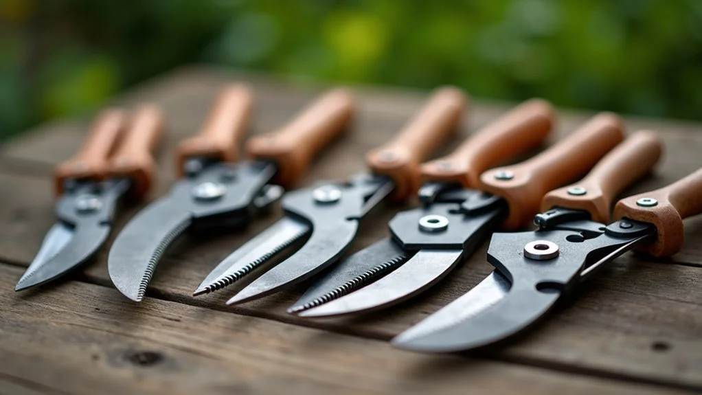 Several metal pruning shears on an outdoor wooden table