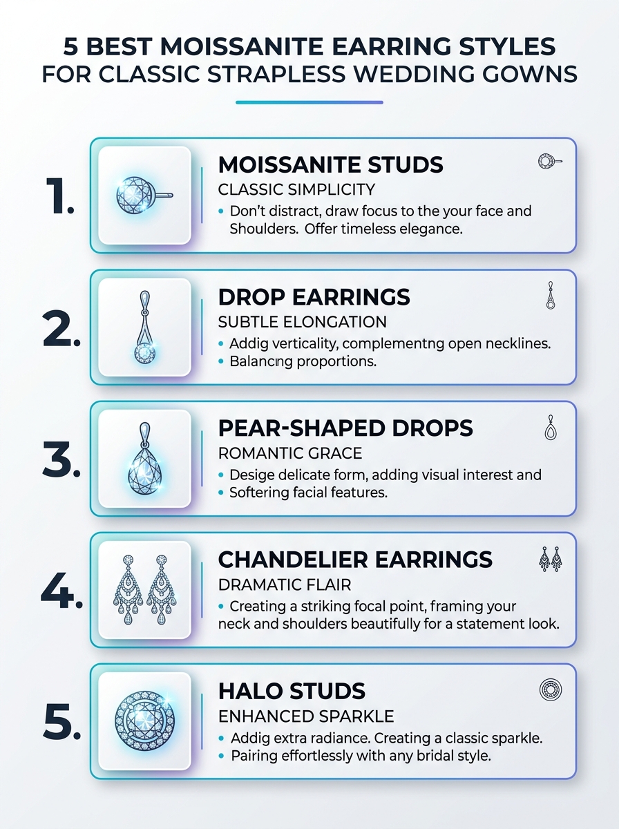 Infographic showing 5 best Moissanite earring styles to pair with a classic strapless wedding gown.