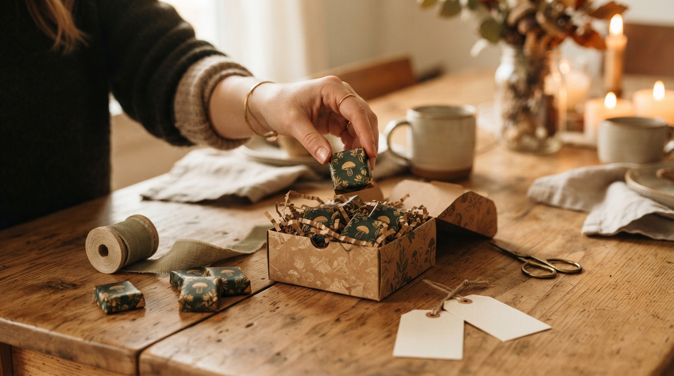 A hand places individually wrapped mushroom chocolate pieces into a small gift box on a warmly lit dining table with ribbon