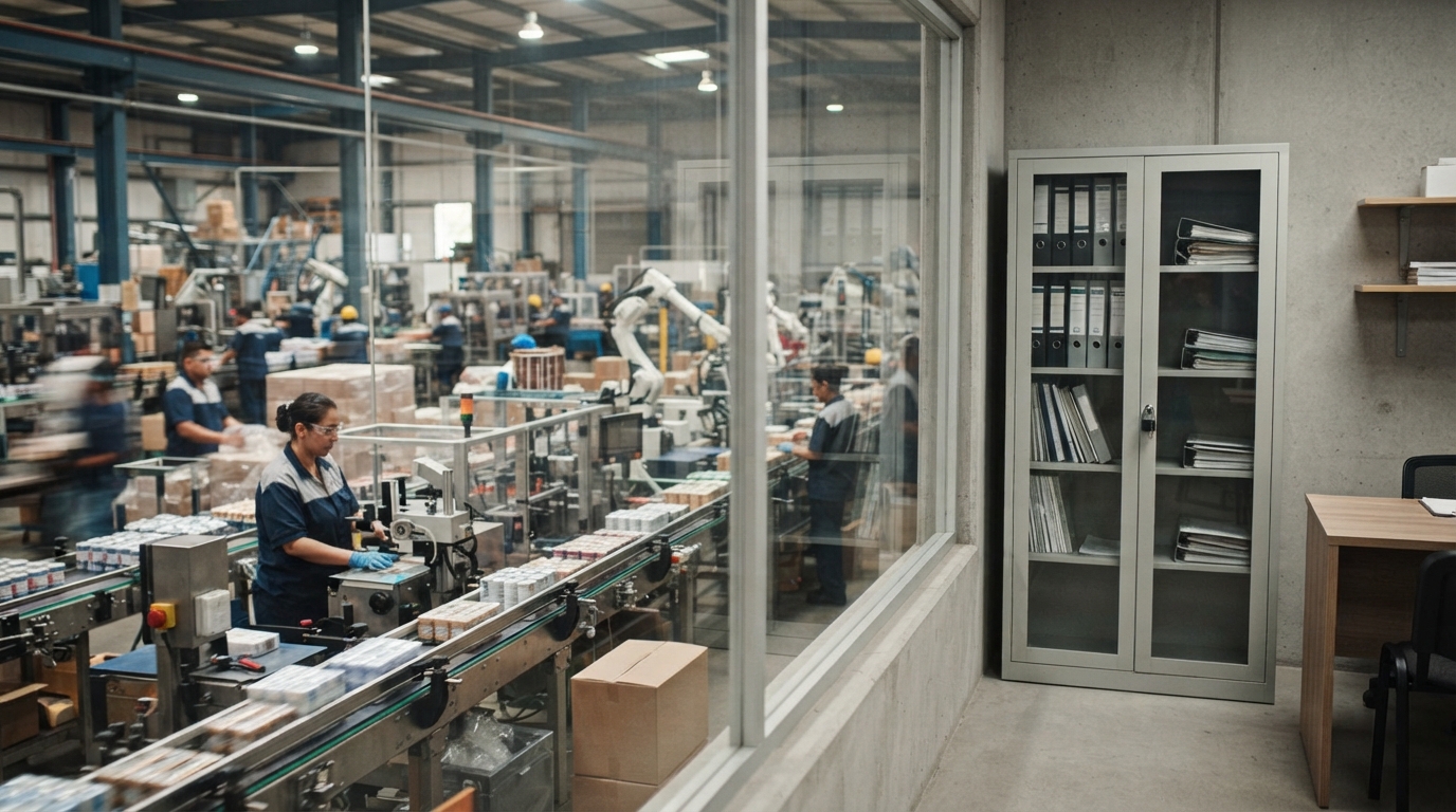 A busy packaging line runs in the foreground while a locked glass cabinet holding property files stands apart in a quiet