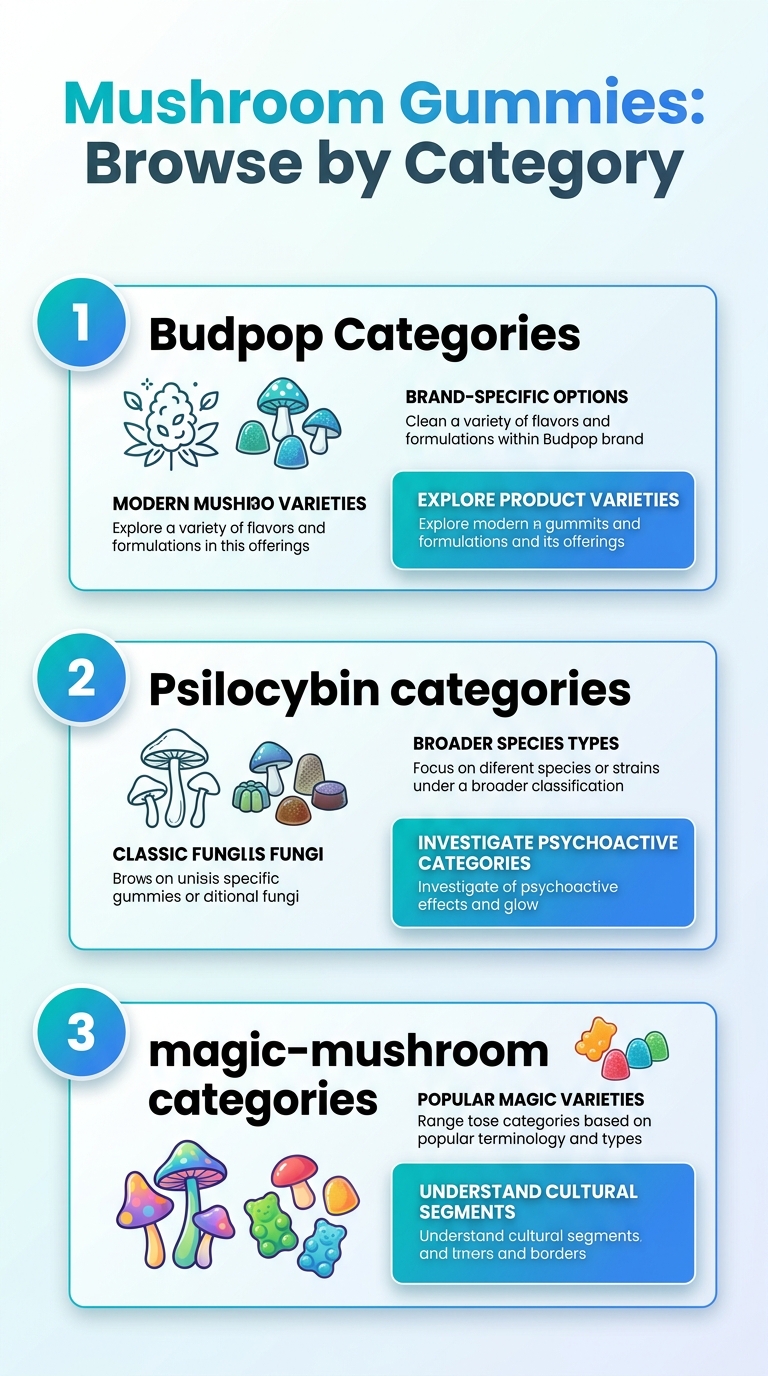 Infographic showing mushroom gummies organized by category for easy browsing