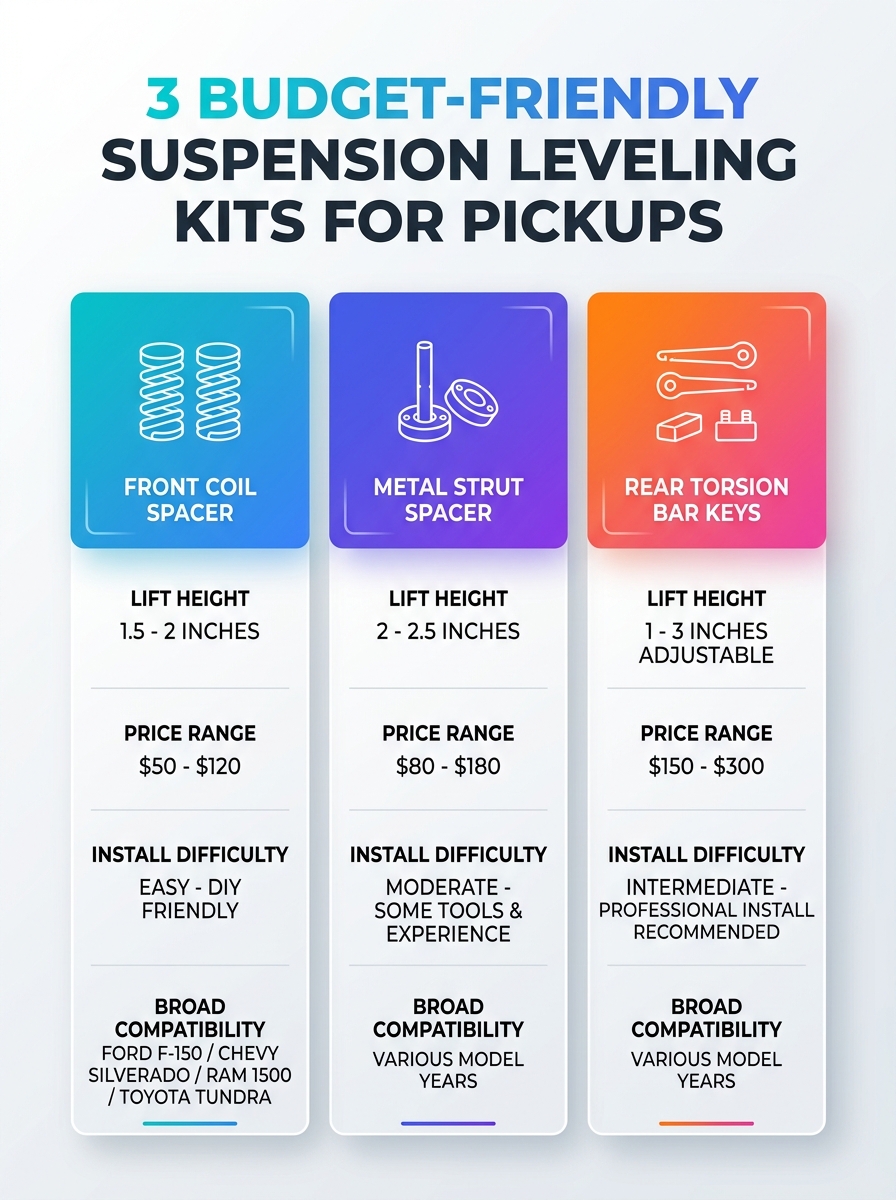 Infographic comparing 3 budget-friendly suspension leveling kits for pickups with features and compatibility.