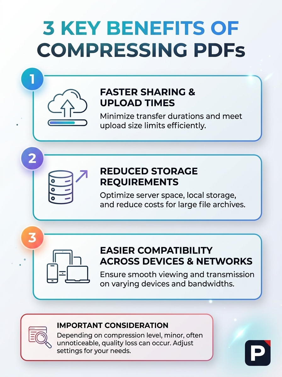 Infographic: 3 benefits of compressing PDFs—reduce pdf size, shrink pdf, and use a pdf compressor.