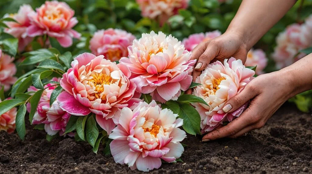 Hands arranging pink and white peonies in dark garden soil among green leaves.